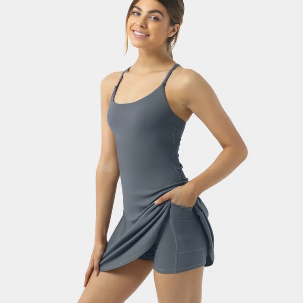 Halara Softlyzero™ Plush Backless Active Dress-UPF50+ *1Gray Haze Blue/S